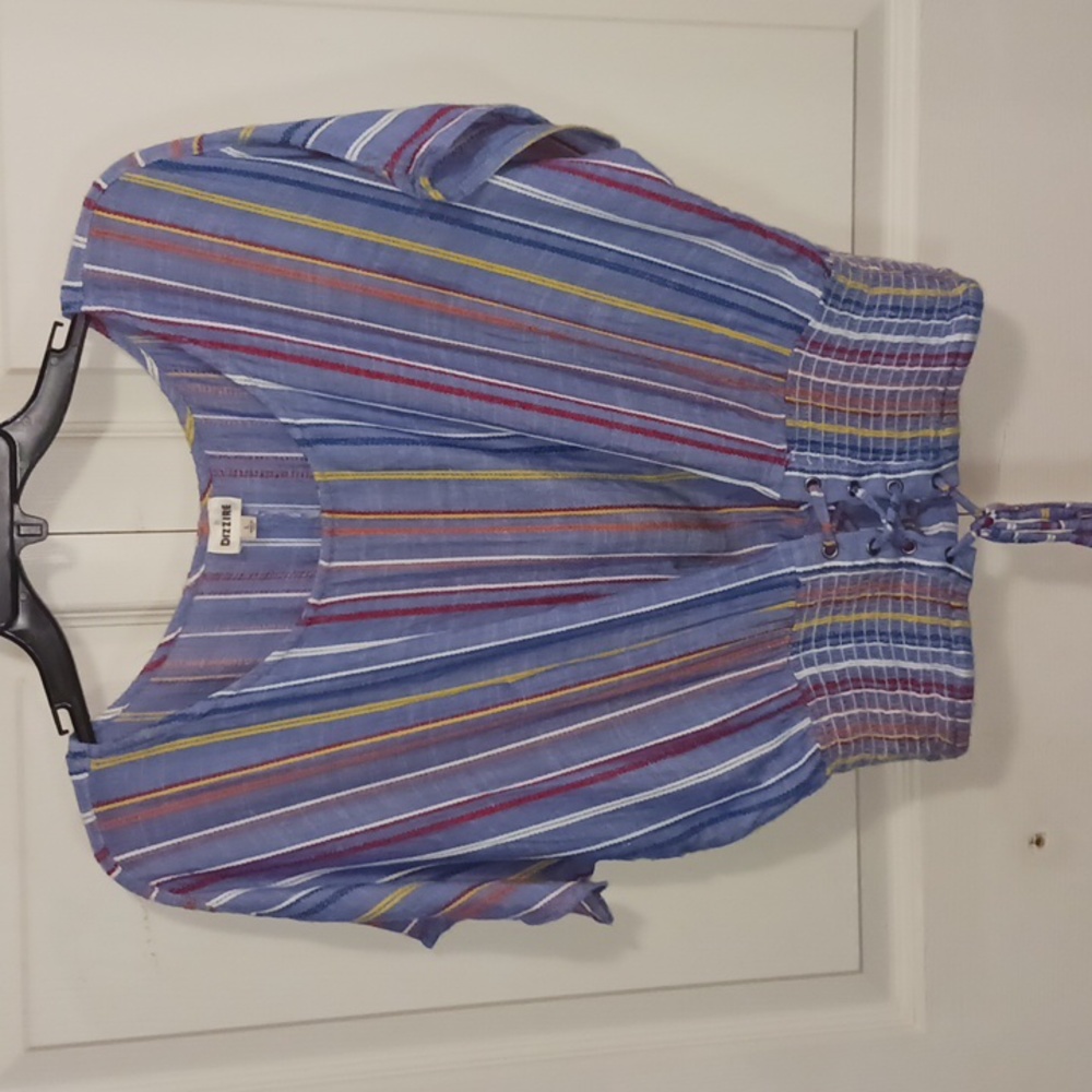 Dizzire Tie-Front Corset-Style Smocked Waist Blouse - L - Blue Vertical Stripe